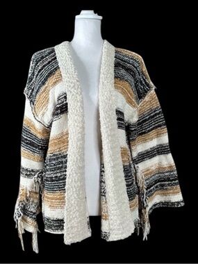 POL Black & Cream Cardigan Sweater w/Bohemian Stripes, Size S.